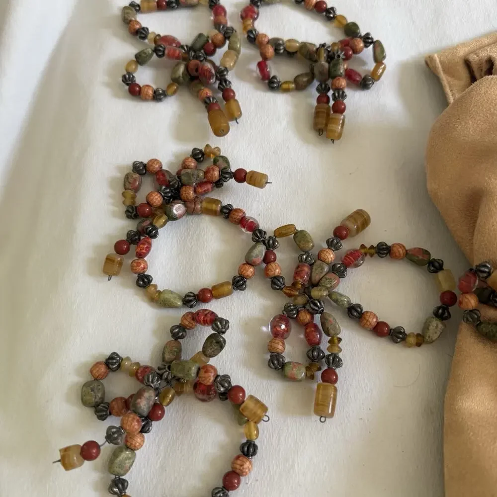 Beaded Napkin Set Gold Brown Cream Table Linens Rings Elegant Dining Decor